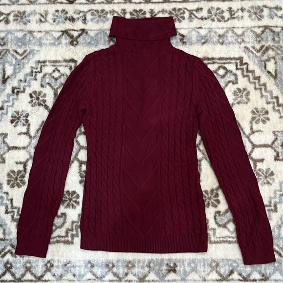 AmélieBoutik Women Cotton Turtleneck Cable Knit Long Sleeve Sweater Burgundy - Picture 3 of 8
